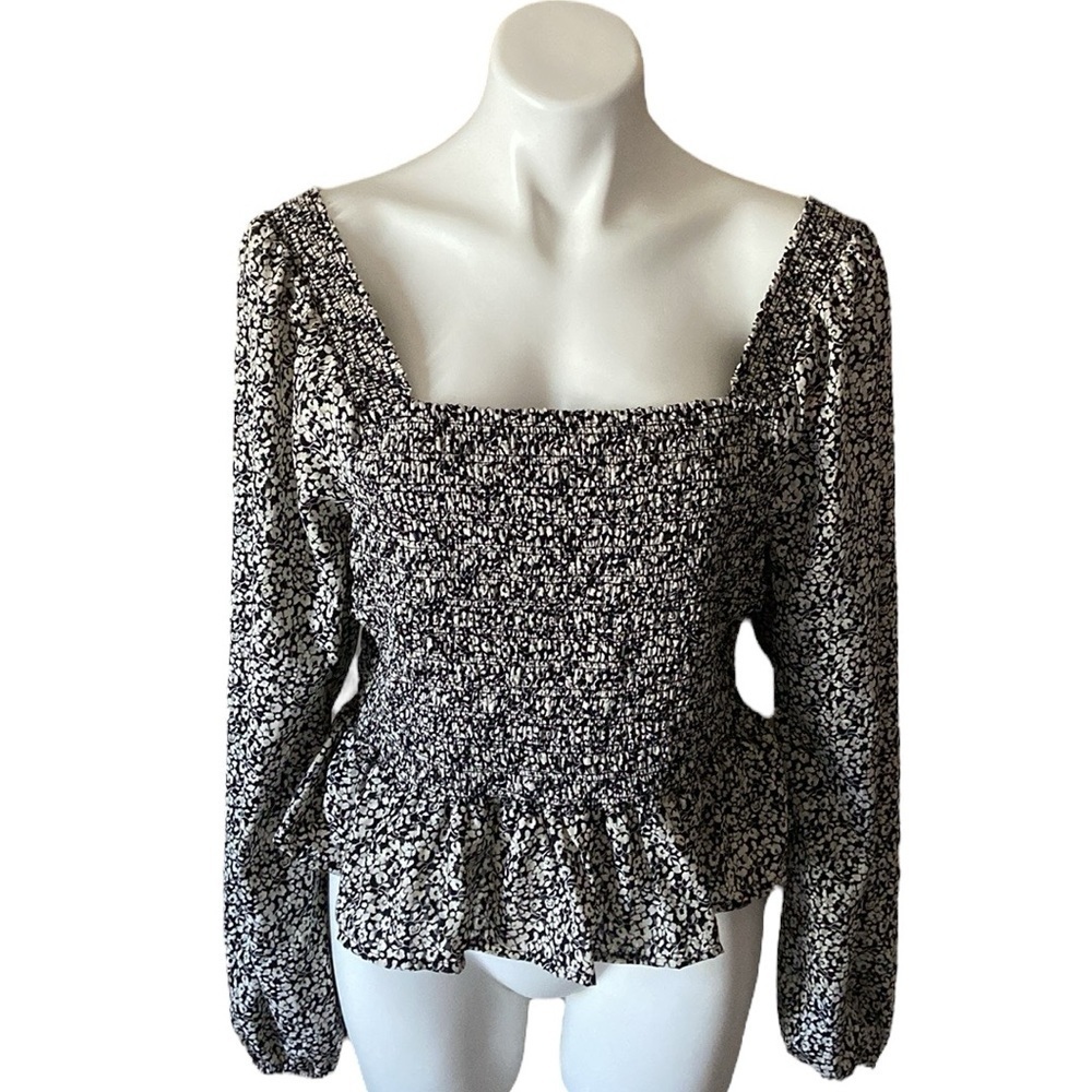 Japna Black and White Floral Smocked Square Neck Peasant Peplum Top Blouse